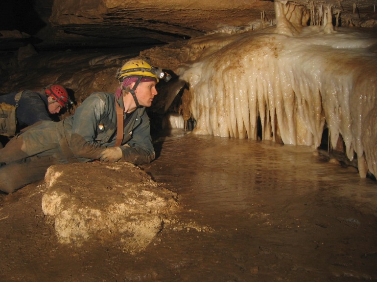 a collection of white stalactites forming a wall of draperies.